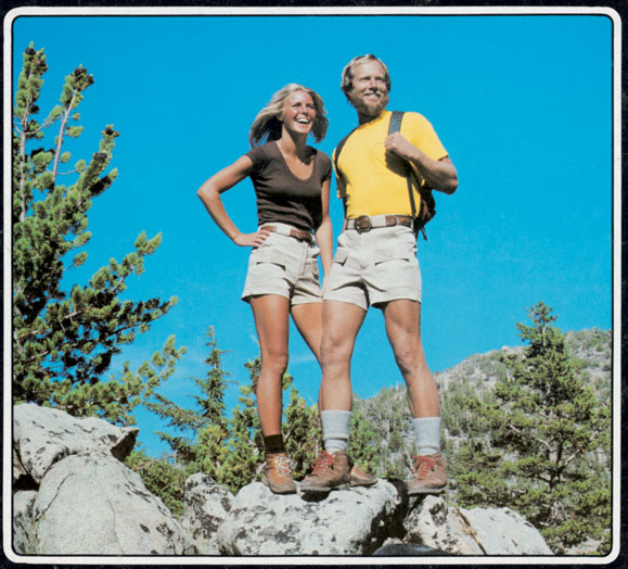 Woman and man hiking wearing Sportif stretch shorts in late 1960s.